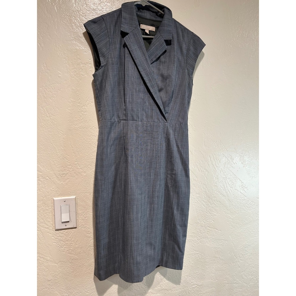 Banana Republic Grey Glen Plaid Surplice Sheath Dress Notched Collar Size 6